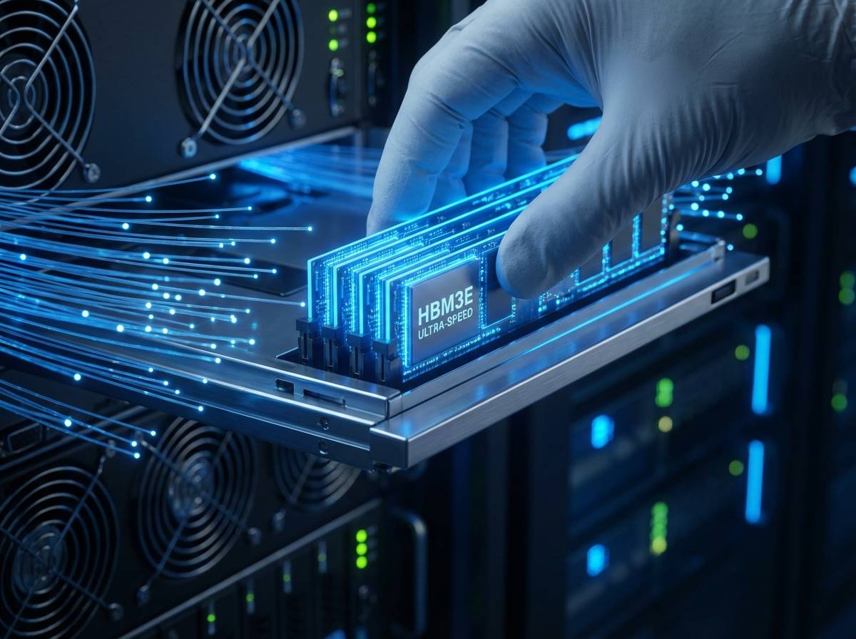 파란색 빛이 흐르는 초고속 HBM 메모리 칩이 AI 데이터센터 서버에 장착되는 클로즈업 샷, 기술적 우위와 속도감 강조