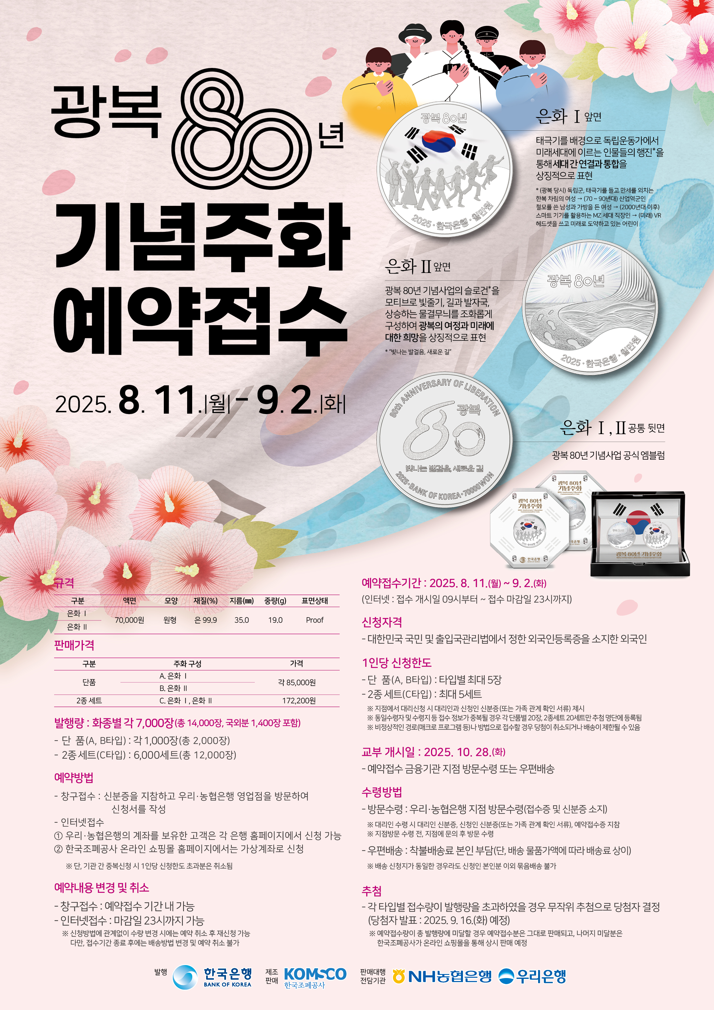 광복80주년 기념주화 한국조폐공사 한국은행 NH농협은행 우리은행 온라인오프라인접수 추첨식판매 대한민국기념주화