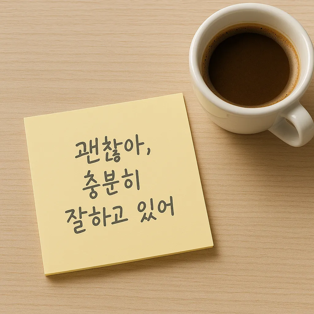 커피잔 옆 테이블에 손글씨로 '괜찮아, 충분히 잘하고 있어'라고 적힌 노란 포스트잇이 놓여 있는 따뜻한 분위기의 사진