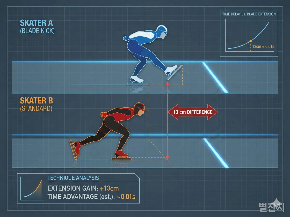 스케이트 날 들이밀기 기술과 0.01초 거리 차이를 설명하는 분석 이미지