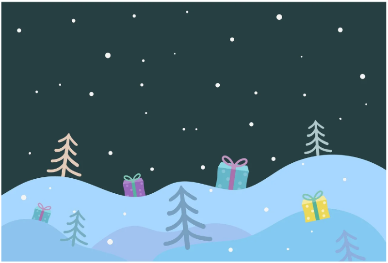 겨울 임신과 출산 준비를 상징하는 눈 내리는 언덕 일러스트, 선물과 나무로 따뜻한 겨울 분위기를 표현한 이미지