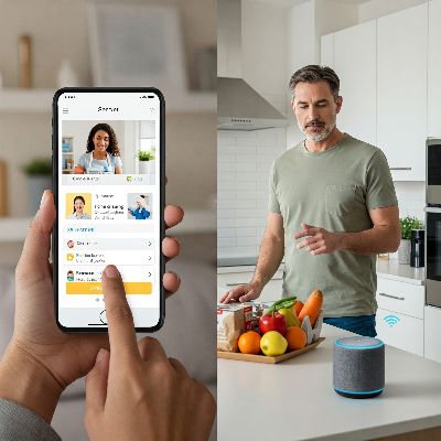 스마트폰 앱으로 홈 클리닝 서비스를 예약하거나, AI 스피커에게 음성으로 식료품 배달을 주문하는 모습