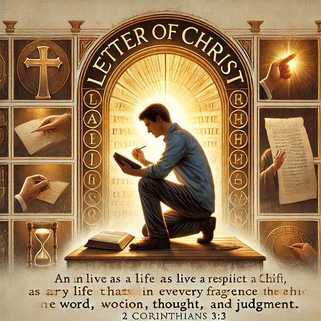 Here is the inspiring image depicting a person living as a letter of Christ, inspired by 2 Corinthians 3:3. The scene illustrates a life that reflects Christ in every word, action, and thought, as well as moments of prayer for guidance in this mission.