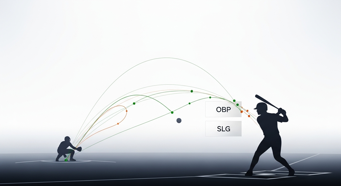 타자가 타석에 서 있고, 주변에 출루율(OBP)과 장타율(SLG)을 나타내는 데이터가 추상적으로 흐르는 모습. 야구 데이터 분석의 중요성을 상징합니다.