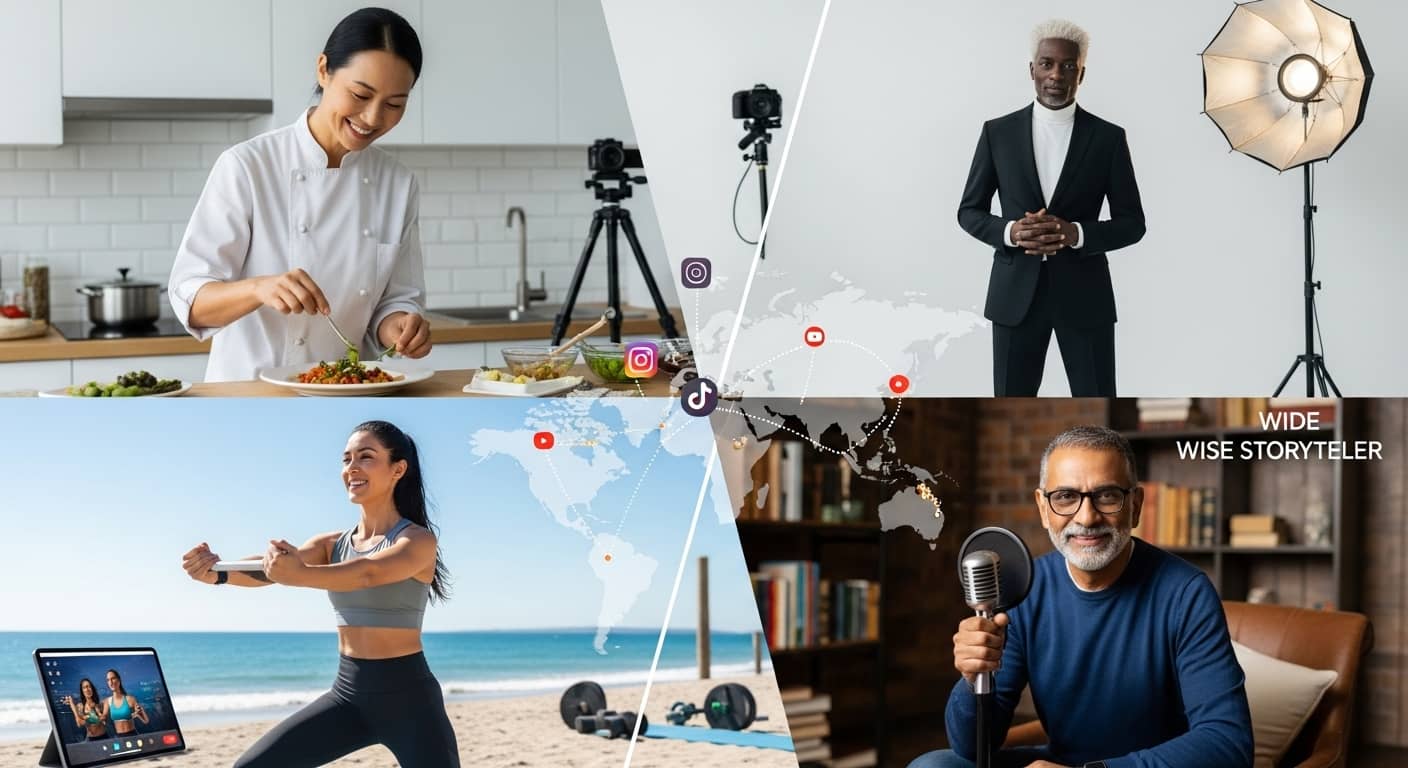 전 세계 시니어 크리에이터들이 유튜브, 인스타그램, 팟캐스트 등 다양한 플랫폼에서 요리, 피트니스, 패션, 이야기 콘텐츠를 제작하는 모습을 담은 이미지. 세대와 국경을 넘어 경험과 지혜를 나누는 글로벌 스토리텔러들의 활동을 상징함.