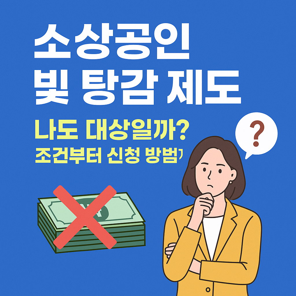 파란 배경 위에 ‘소상공인 빚 탕감 제도’라는 큰 흰색 글씨와 ‘나도 대상일까? 조건부터 신청 방법’이라는 노란색 소제목이 쓰여 있다. 오른쪽에는 갈색 머리의 여성이 노란색 정장을 입고 고민하는 표정을 짓고 있으며, 머리 위 말풍선 안에는 물음표가 있다. 왼쪽 아래에는 지폐 묶음 위에 붉은색 X 표시가 그려져 있다.