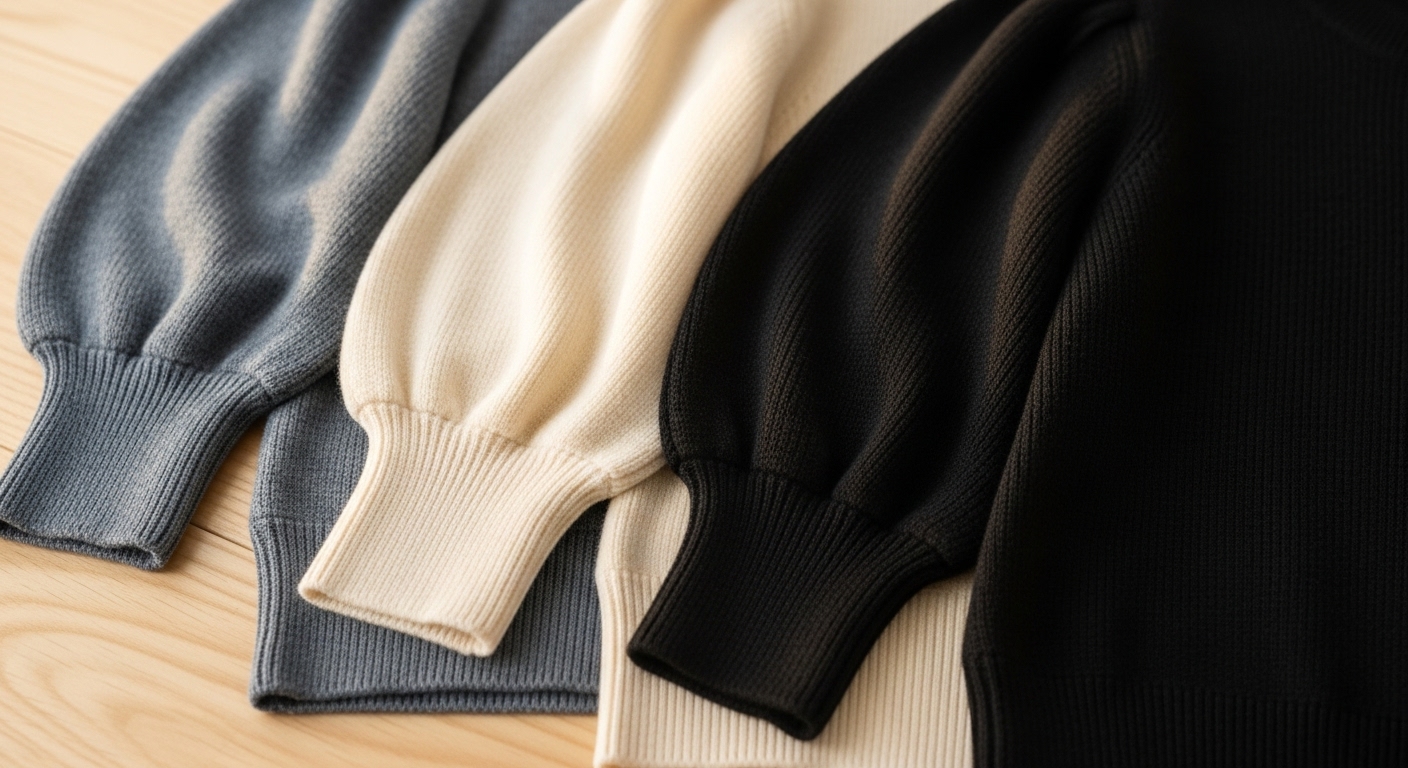 다양한 색상의 씨씨콜렉트 퍼프슬리브 니트 E252KSK142가 정갈하게 놓여있는 모습. 니트의 부드러운 질감과 섬세한 짜임이 클로즈업되어 보입니다.