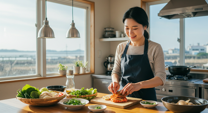 제주에서 로컬 식재료로 요리하는 모습