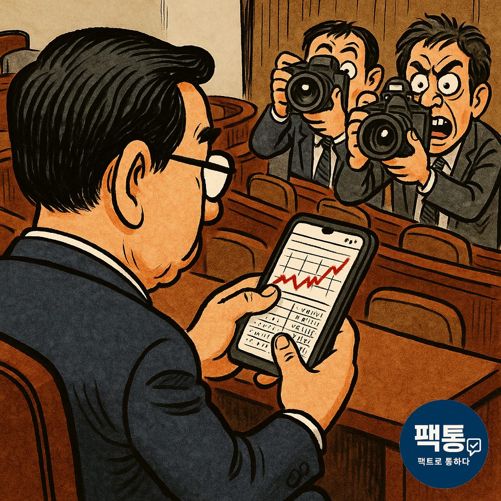 이춘석 의원의 보좌관 명의 주식 계좌로 스마트폰 화면의 상승 그래프를 확인하는 AI 생성 일러스트, 뒤편에 기자들이 카메라를 든 채 촬영 중인 장면