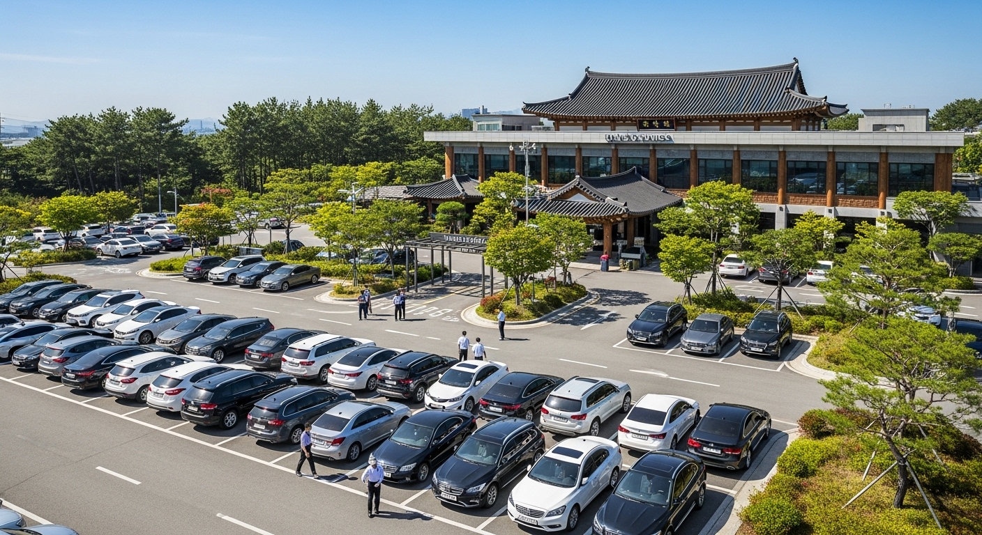 가보정 식당 앞 넓고 잘 정돈된 주차장에 빼곡히 주차된 차량들과 발렛 서비스 구역이 보이는 모습. 쾌적하고 편리한 주차 환경을 보여준다.