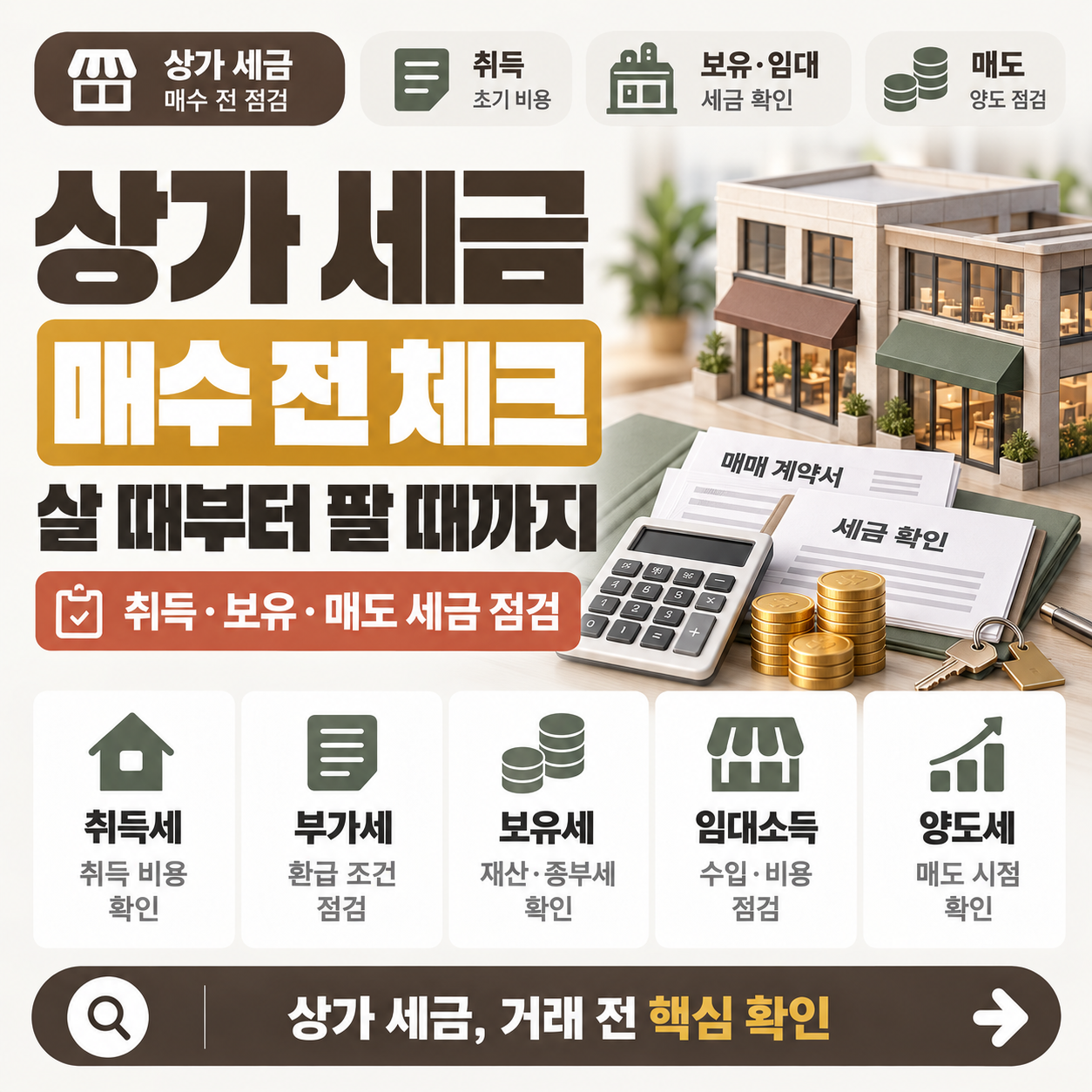 상가 건물 계약서와 계산기를 놓고 세금을 따져보는 모습