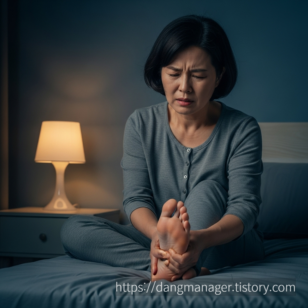 한 50대 한국인 여성이 밤에 침대에 앉아, 저리고 아픈 자신의 발을 주무르며 고통스러워하는 모습