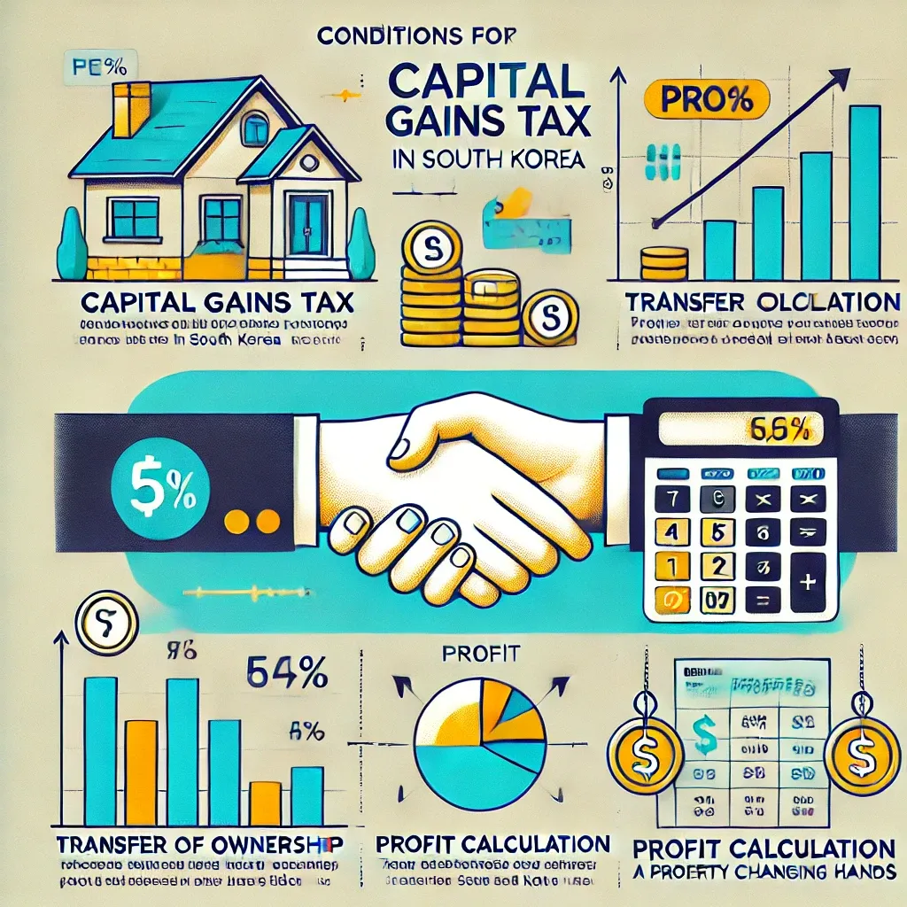 소유권 이전&amp;#44; 양도 차익 계산 등 양도소득세 과세 조건을 설명하는 인포그래픽