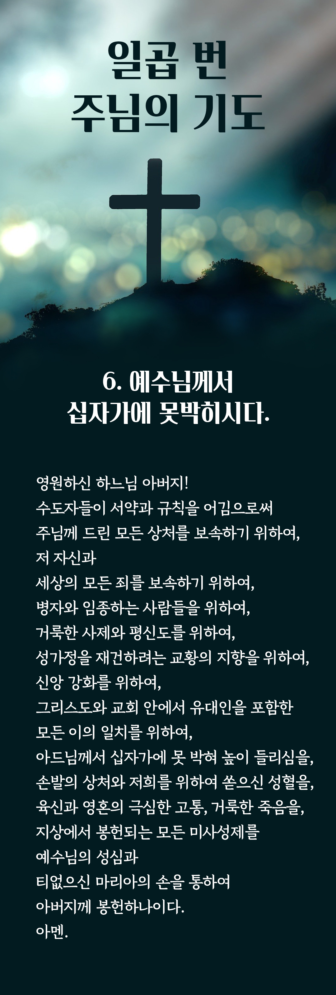 성녀 비르지타(St. Birgittas : 스웨덴 성인 비르짓다)의 일곱 번 주님의 기도 6. 예수님께서 십자가에 못박히시다 : 영원하신 하느님 아버지! 수도자들이 서약과 규칙을 어김으로써 주님께 드린 모든 상처를 보속하기 위하여&#44; 저 자신과 세상의 모든 죄를 보속하기 위하여&#44; 병자와 임종하는 사람들을 위하여&#44; 거룩한 사제와 평신도를 위하여&#44; 성가정을 재건하려는 교황의 지향을 위하여&#44; 신앙 강화를 위하여&#44; 그리스도와 교회 안에서 유대인을 포함한 모든 이의 일치를 위하여&#44; 아드님께서 십자가에 못 박혀 높이 들리심을&#44; 손발의 상처와 저희를 위하여 쏟으신 성혈을&#44; 육신과 영혼의 극심한 고통&#44; 거룩한 죽음을&#44; 지상에서 봉헌되는 모든 미사성제를 예수님의 성심과 티없으신 마리아의 손을 통하여 아버지께 봉헌하나이다. 아멘