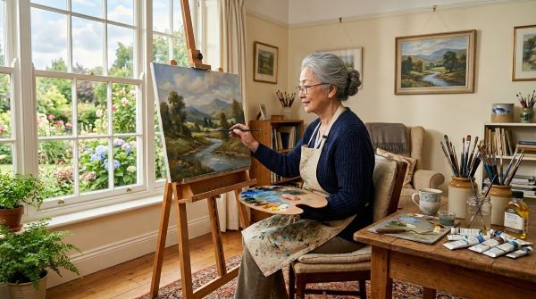 거실에서 그림 그리는 시니어