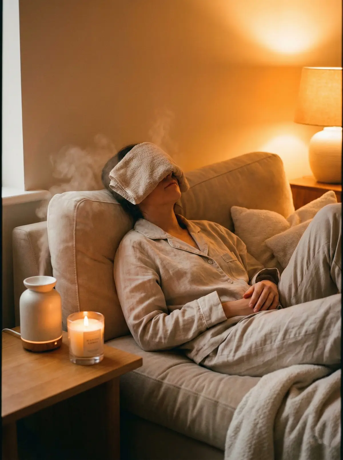 따뜻한 수건이나 안대로 눈 찜질을 하며 휴식하는 힐링 이미지