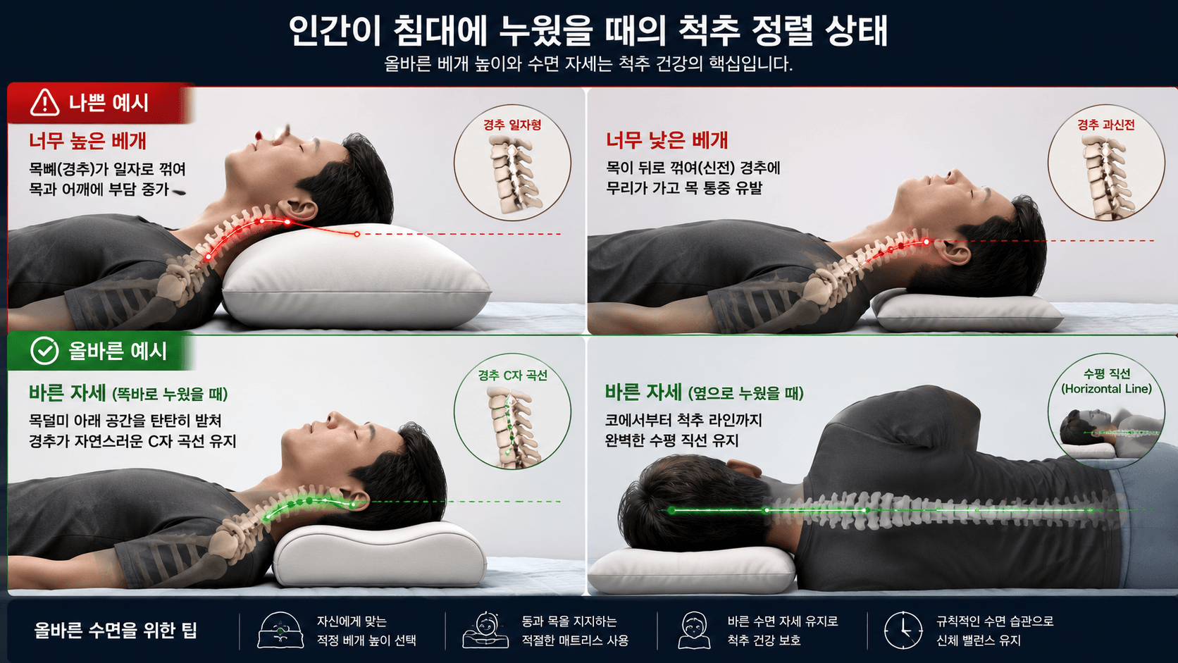 인간이 침대에 누웠을 때의 척추 정렬 상태의 예시 이미지