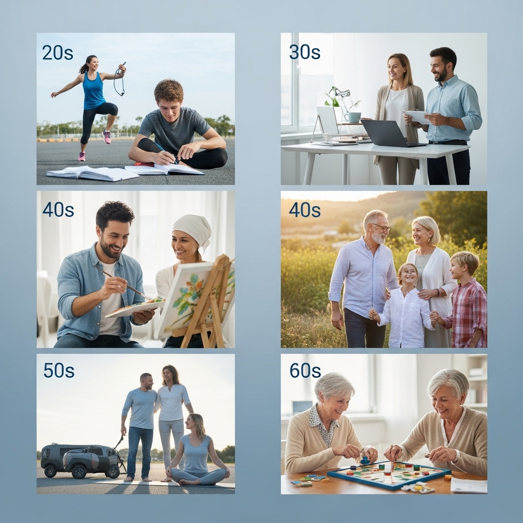 각 연령대별(20대, 30대, 40대, 50대, 60대 이상) 사람들이 건강한 활동과 자기계발을 통해 삶의 질을 높이는 모습을 담은 밝고 조화로운 콜라주 이미지. 20대는 운동과 학습, 30대는 일과 가정의 균형, 40대는 취미와 가족, 50대는 여행과 요가, 60대는 두뇌 활동과 봉사를 나타내며, 전반적으로 긍정적이고 영감을 주는 분위기.