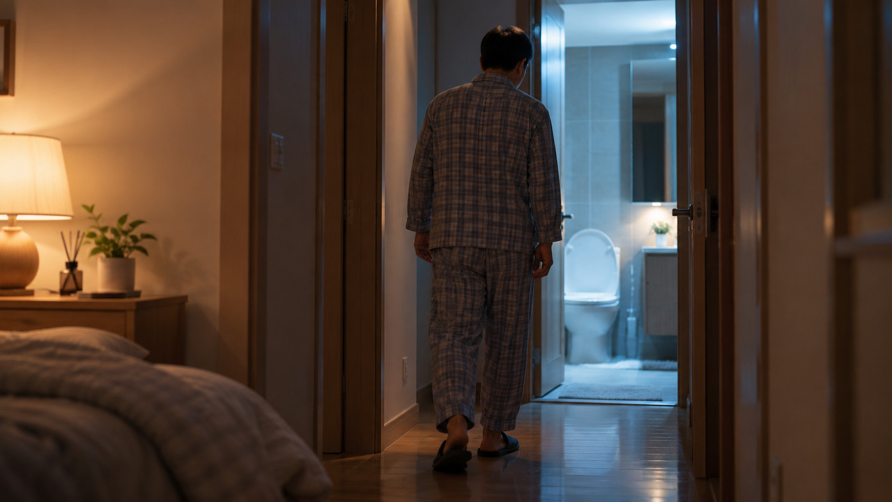 어두운 침실에서 복도를 지나 화장실로 걸어가는 잠옷 차림의 남성