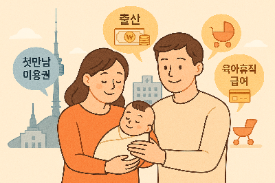 서울시 임신·출산 지원금 정책을 상징하는 일러스트: 아기를 안은 부모와 서울 배경, 첫만남 이용권, 출산축하금, 육아휴직 급여 아이콘 포함