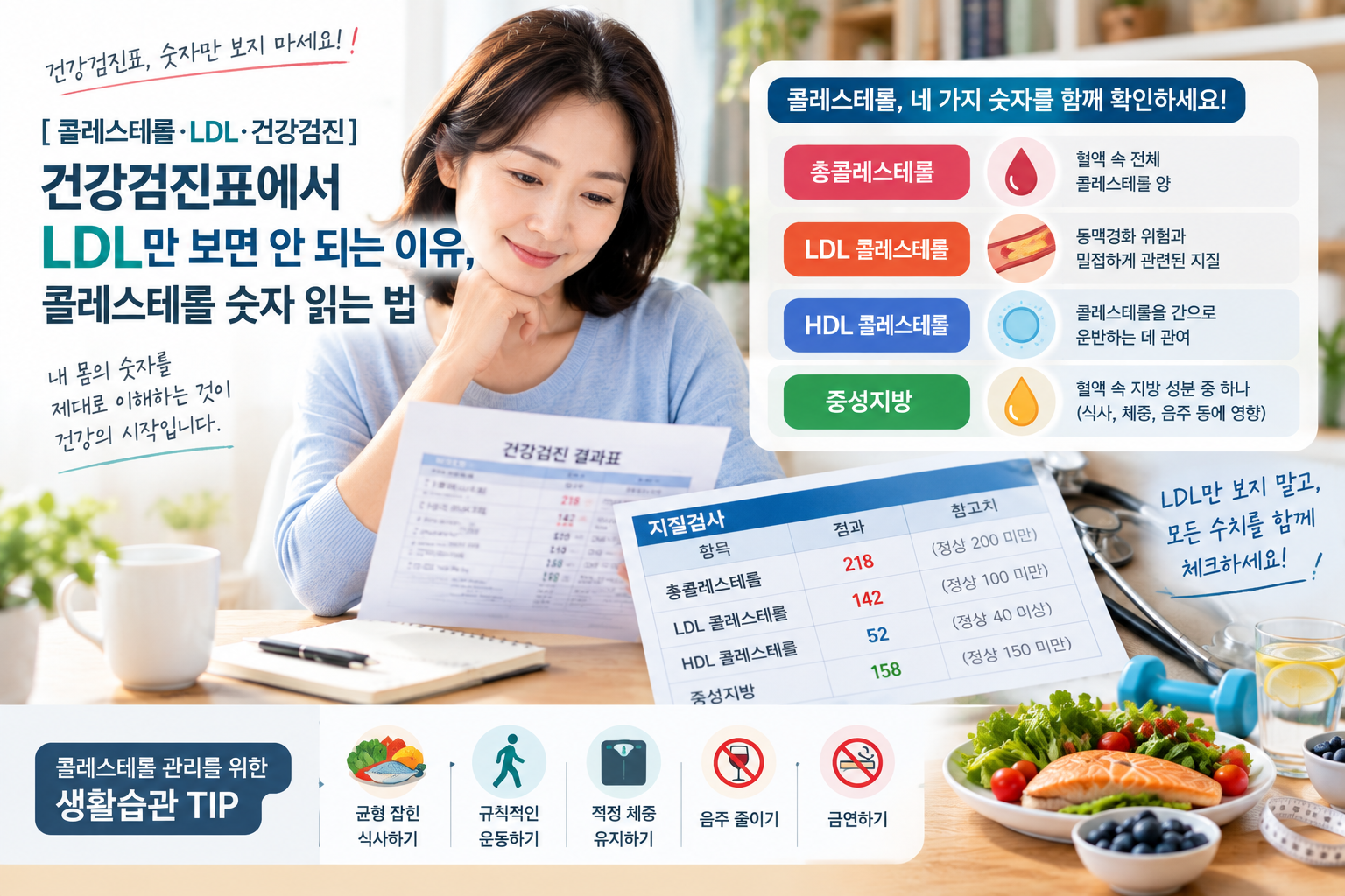 건강검진 결과표에서 총콜레스테롤 LDL HDL 중성지방 수치를 함께 확인하는 모습과 콜레스테롤 관리 생활습관을 보여주는 건강관리 이미지
