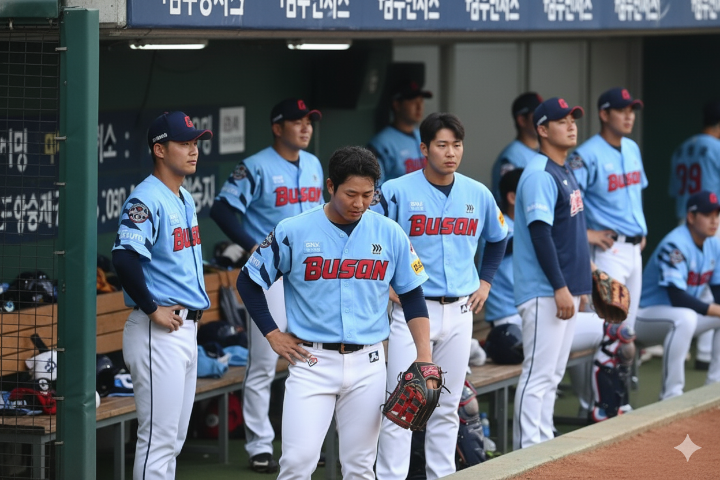 2025시즌 롯데 자이언츠의 불펜 투수들이 실점 후 아쉬워하는 모습