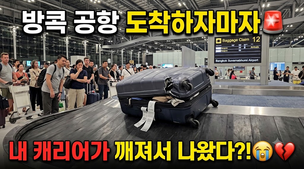 방콕 수완나품 국제공항 수하물 수취대 벨트 위로 깨진 캐리어가 나오는 모습
