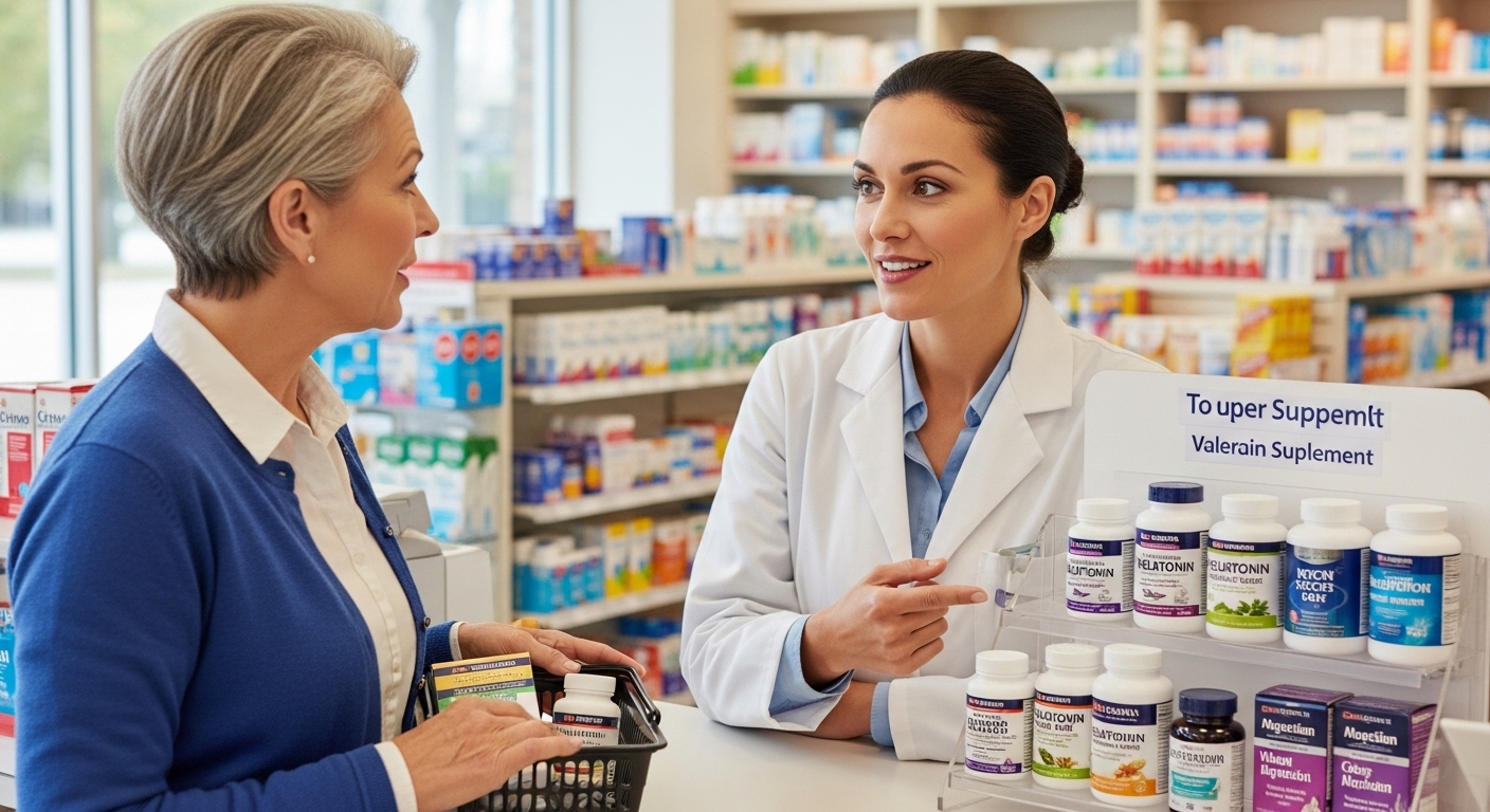 약사가 고객에게 수면 영양제 성분과 선택법을 상담하는 모습