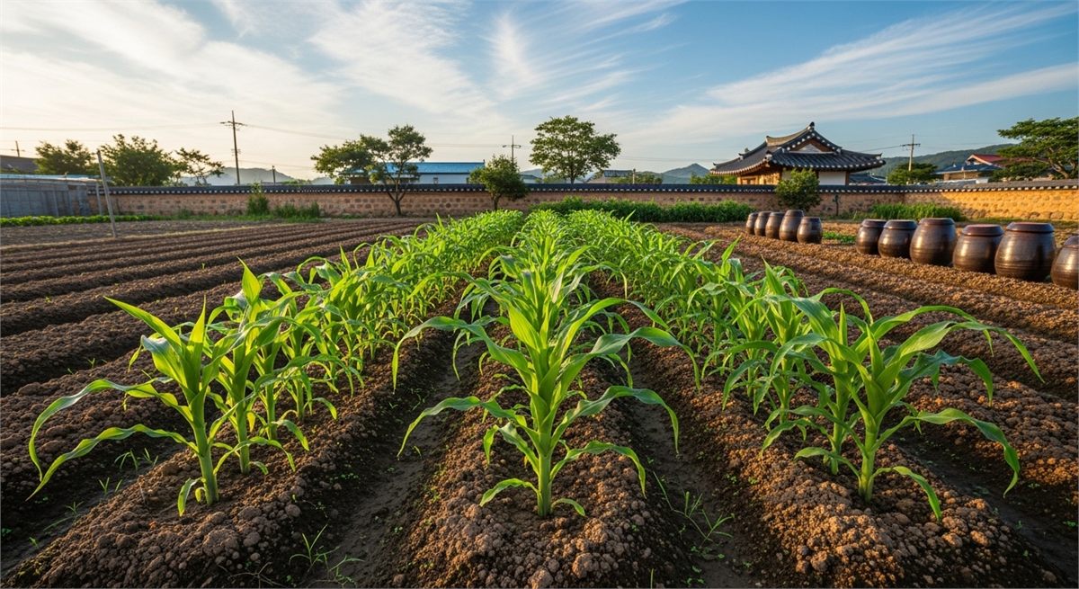 물주기 후 건강하게 자라는 옥수수밭 전경