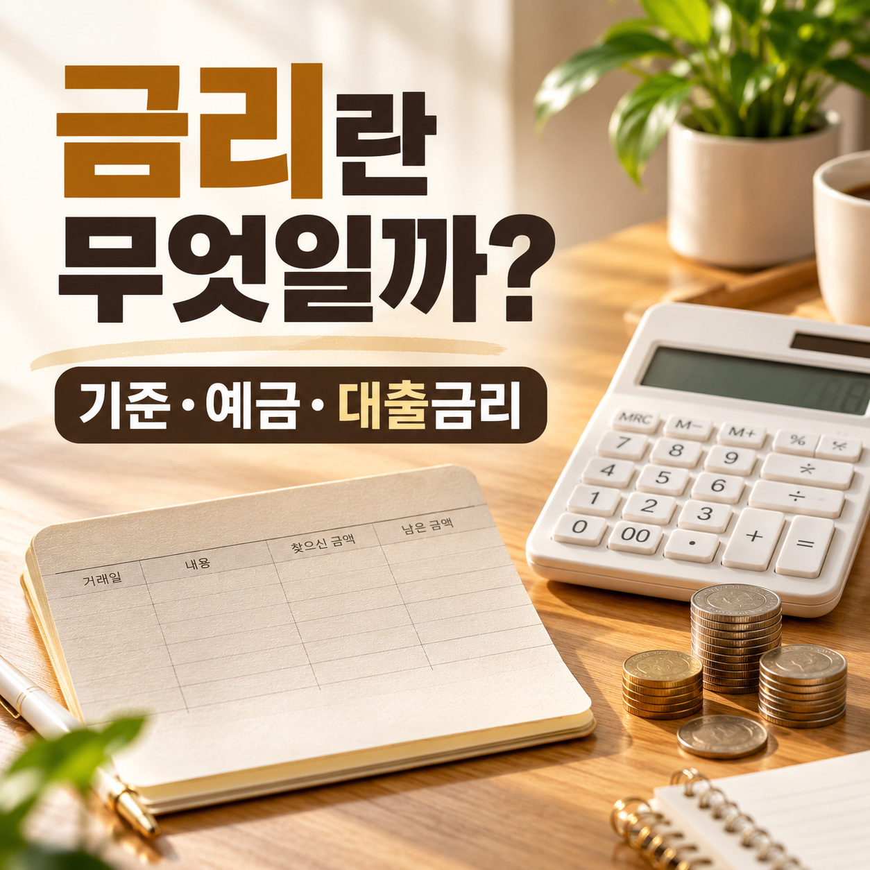 금리란 무엇일까라는 문구 옆에 계산기와 가계부, 동전이 놓여 있는 대표 이미지