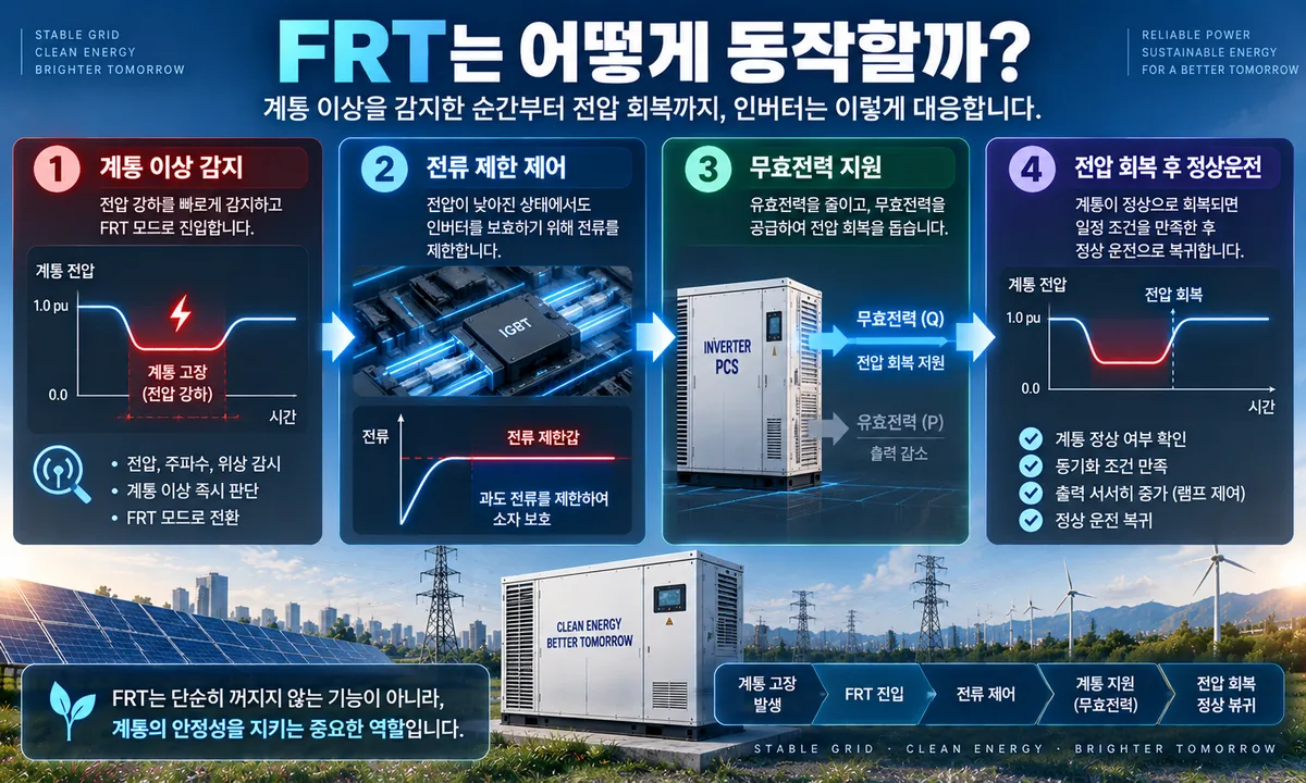 계통 이상 감지부터 전류 제한 무효전력 지원 전압 회복까지 FRT 동작 과정을 설명한 인포그래픽