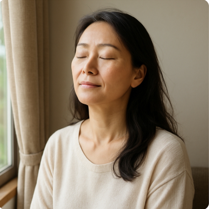 중년 한국 여성이 창가에 앉아 눈을 감고 깊게 숨을 들이마시며 마음을 안정시키는 모습, 부드러운 자연광과 평온한 표정이 갱년기 감정 회복의 차분한 분위기를 전달함
