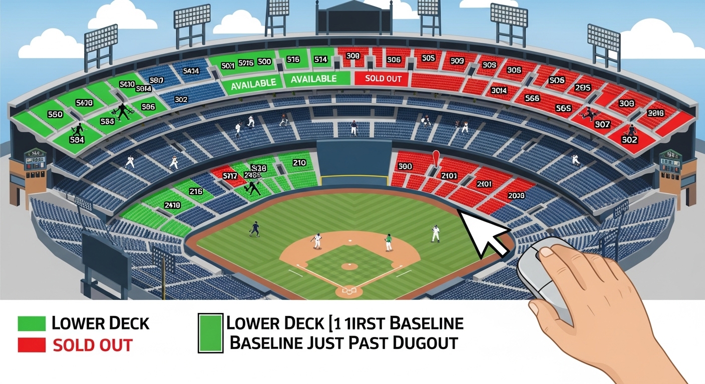 야구장 좌석 배치도가 펼쳐져 있고, 매진된 좌석과 선택 가능한 좌석을 보여주며 전략적인 좌석 선택의 중요성을 시각화합니다.