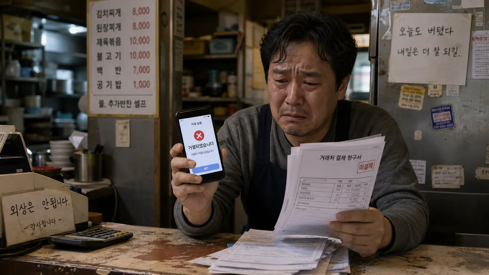 한국의 낡은 식당 카운터에서 밀린 거래처 결제 청구서를 쥔 채 스마트폰 모바일 거절 알림을 보고 좌절하는 40대 자영업자의 모습