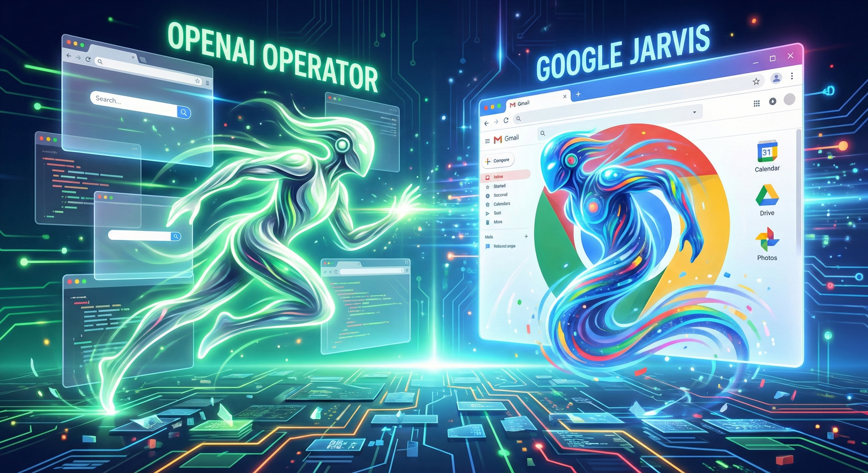 다양한 웹사이트를 자유롭게 탐색하는 OpenAI 오퍼레이터와 구글 워크스페이스 생태계 내에서 작동하는 구글 자비스의 특징을 시각화한 이미지