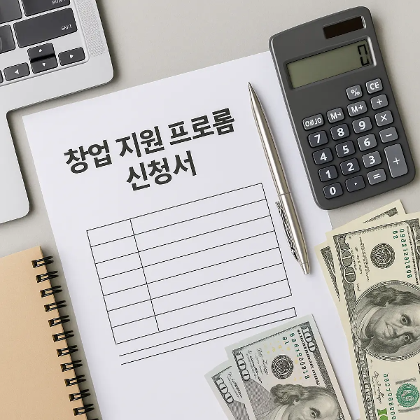 창업 지원 프로그램 신청서, 노트북, 계산기, 달러 지폐, 펜이 정돈된 창업 관련 사물 스튜디오컷 이미지