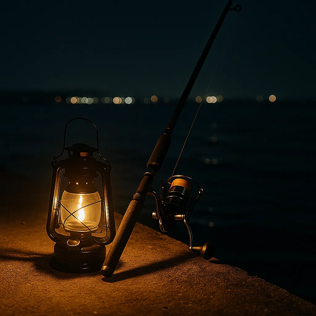 밤바다 방파제 위에 놓인 랜턴과 낚싯대