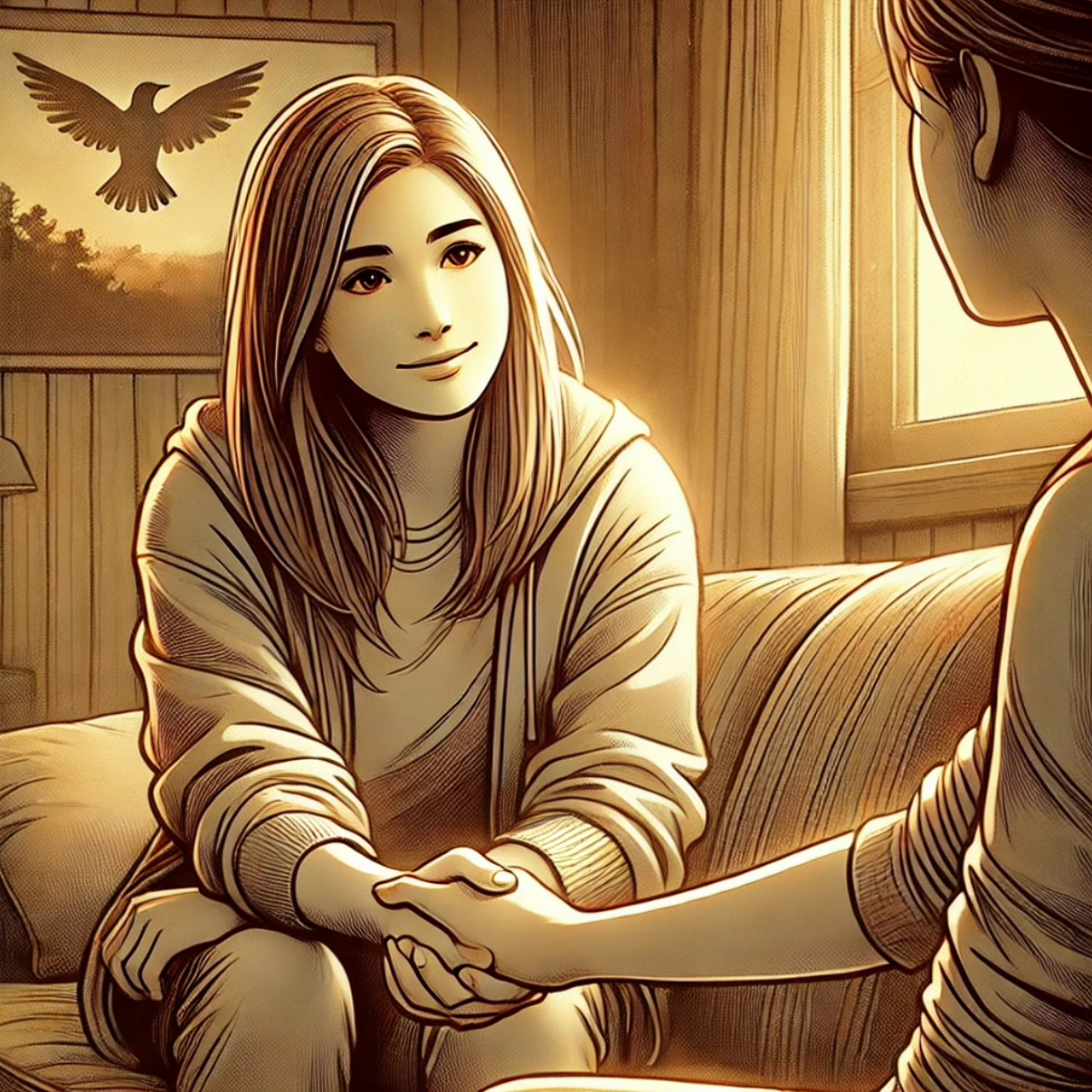 손을 잡으며 상대방의 감정을 공감하는 사람. 따뜻한 미소와 차분한 분위기