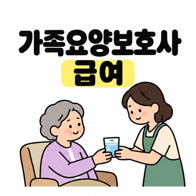 가족요양보호사 급여 제목 아래 앉아 있는 노인에게 성인 가족이 물컵을 건네는 대표 이미지