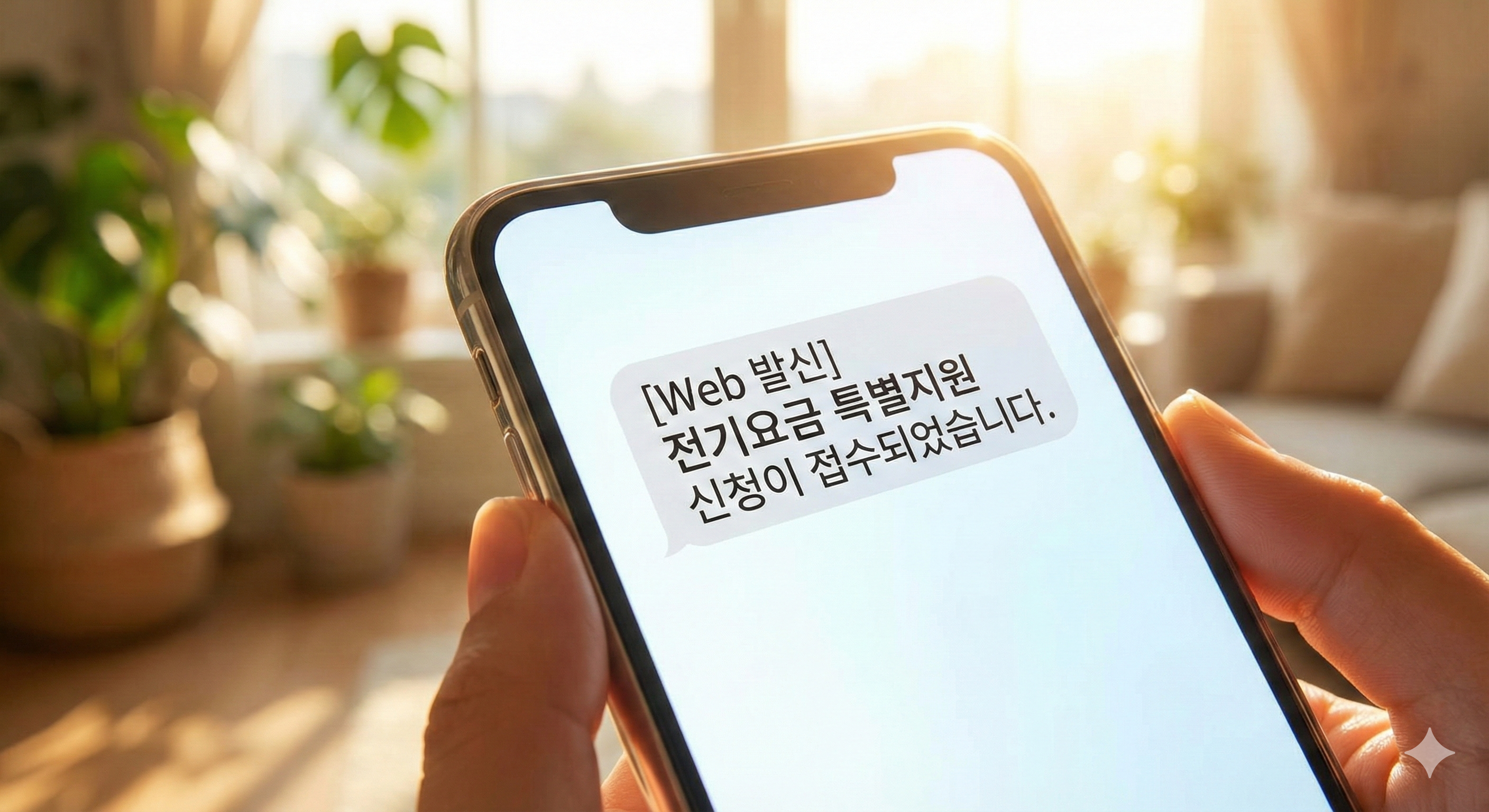 스마트폰 화면에 '전기요금 특별지원 신청 접수 완료' 문자가 뜬 희망적인 모습