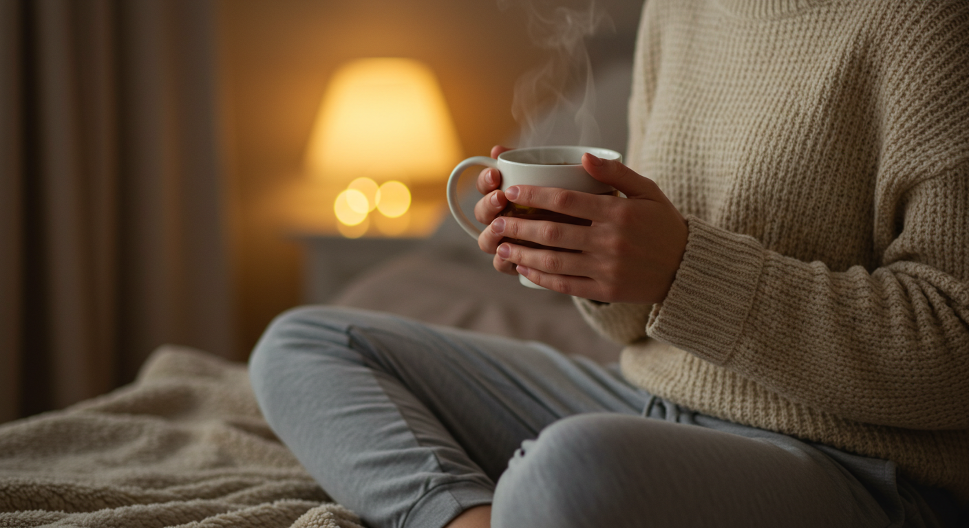 따뜻한 차를 마시는 장면 (수면 전 루틴)