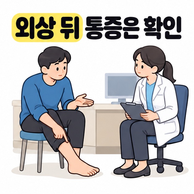 외상 뒤 통증은 확인 문구 아래 남성이 발 쪽을 가리키며 설명하고 의사가 앉아서 듣는 그림