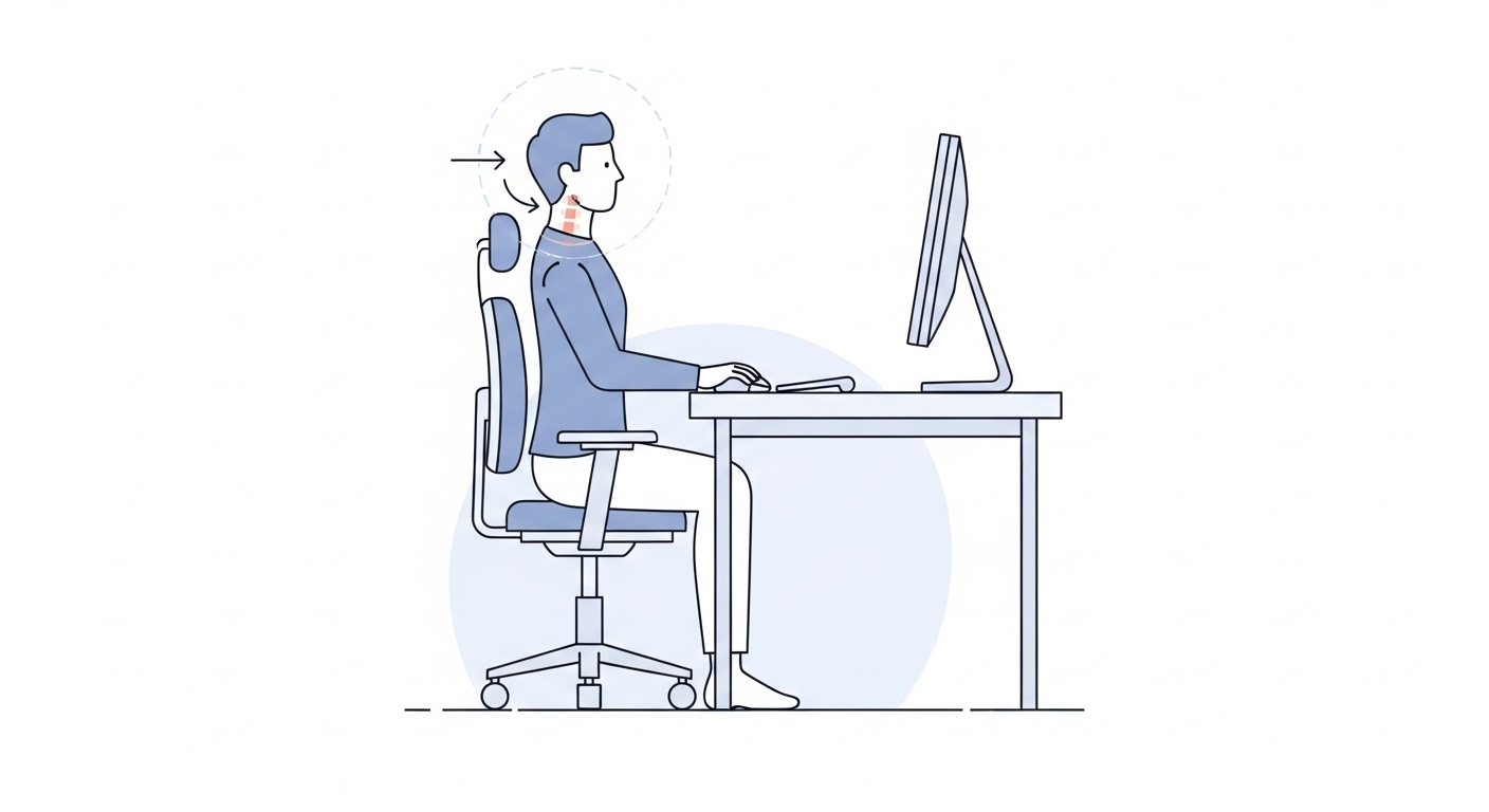 바른 자세로 의자에 앉아 모니터를 응시하는 재택근무자의 모습.