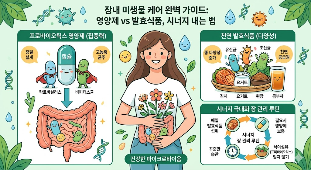 장내 미생물 케어 (프로바이오틱스, 발효식품, 차이점)