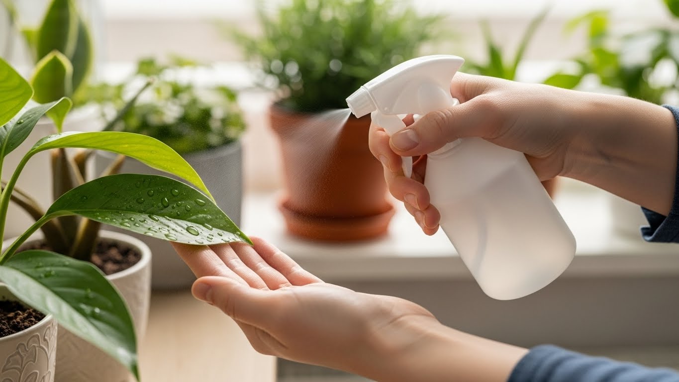 실내 병충해 예방을 위해 분무기로 식물의 잎 뒷면에 천연 살충제를 꼼꼼히 뿌리고 있는 모습과 밝고 깨끗한 가드닝 환경 이미지