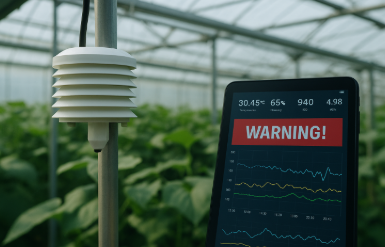 온실 내부에 설치된 환경센서와 데이터 그래프가 표시된 태블릿 화면, 빨간색 경고 표시가 함께 보이는 장면