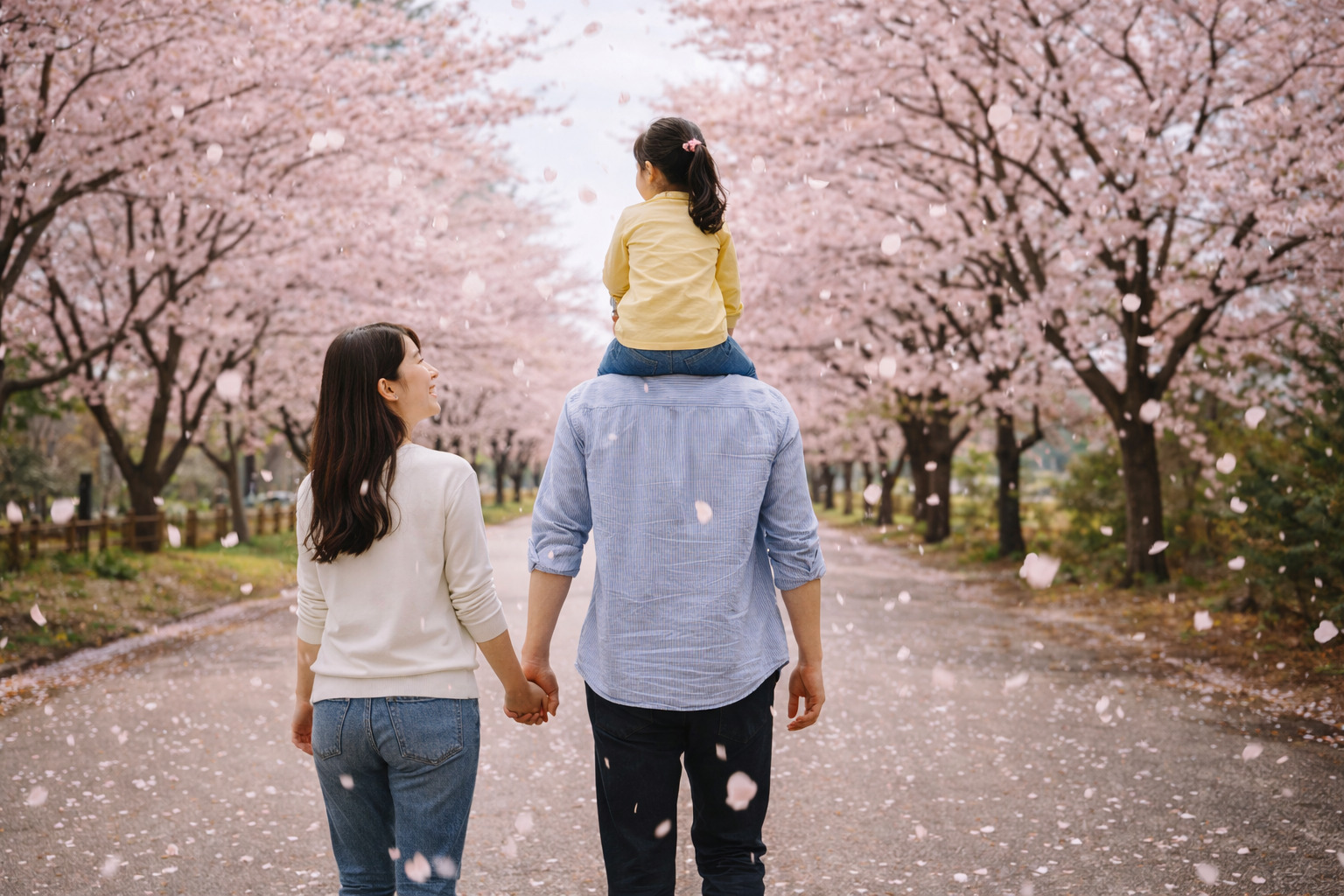 벚꽃잎이 흩날리는 길에서 아빠의 어깨에 올라탄 4살 소녀와 손을 잡은 엄마가 함께 걸어가는 가족