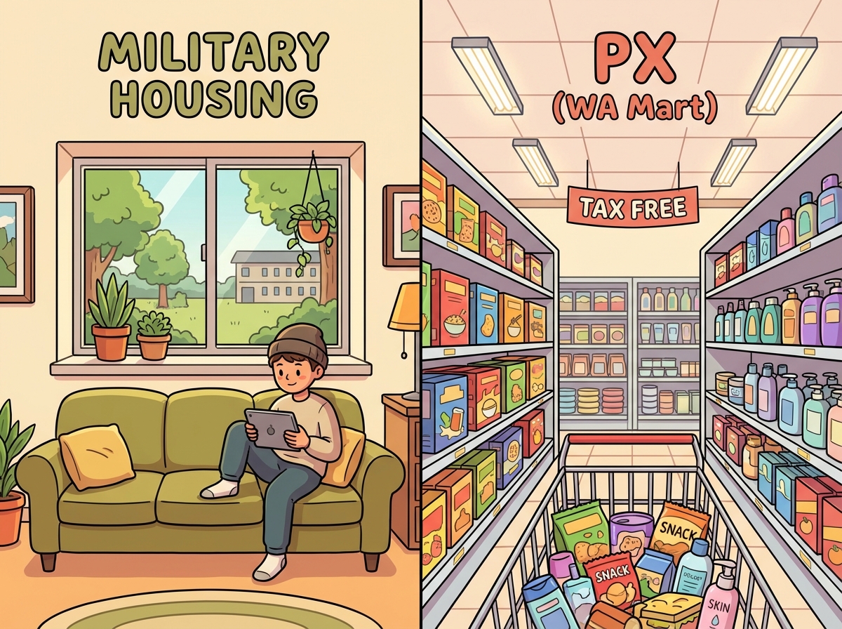 Interior of cozy military housing apartment (관사) and a family shopping happily in a clean, stocked PX WA Mart.