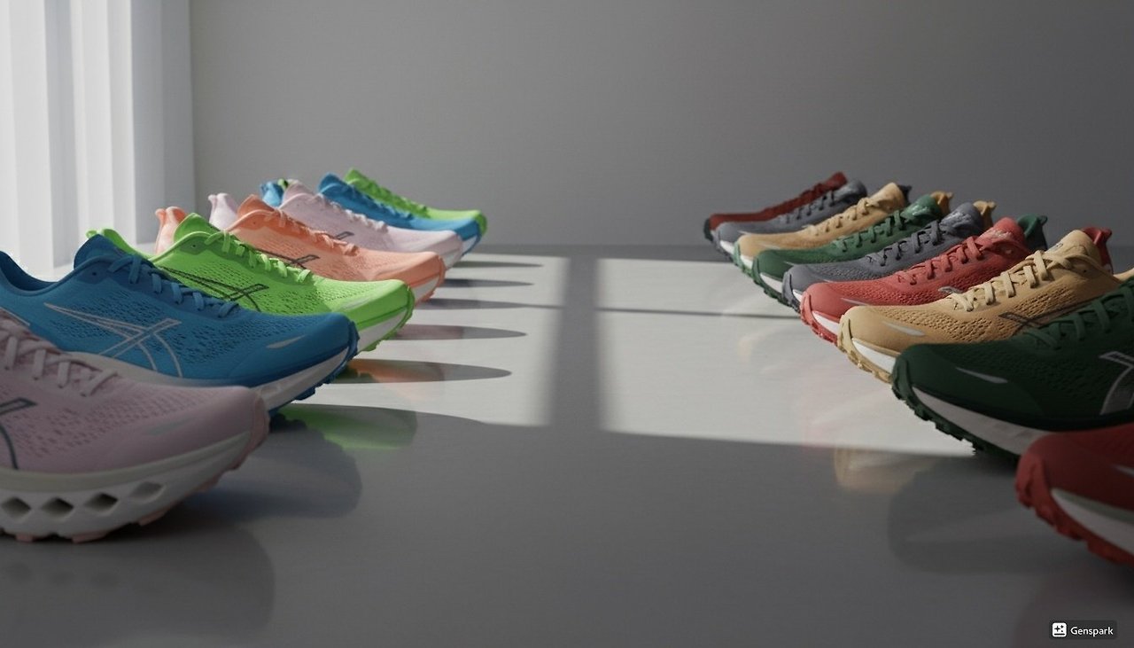 다양한 로드 러닝화와 트레일 러닝화가 나란히 놓여 있는 사진