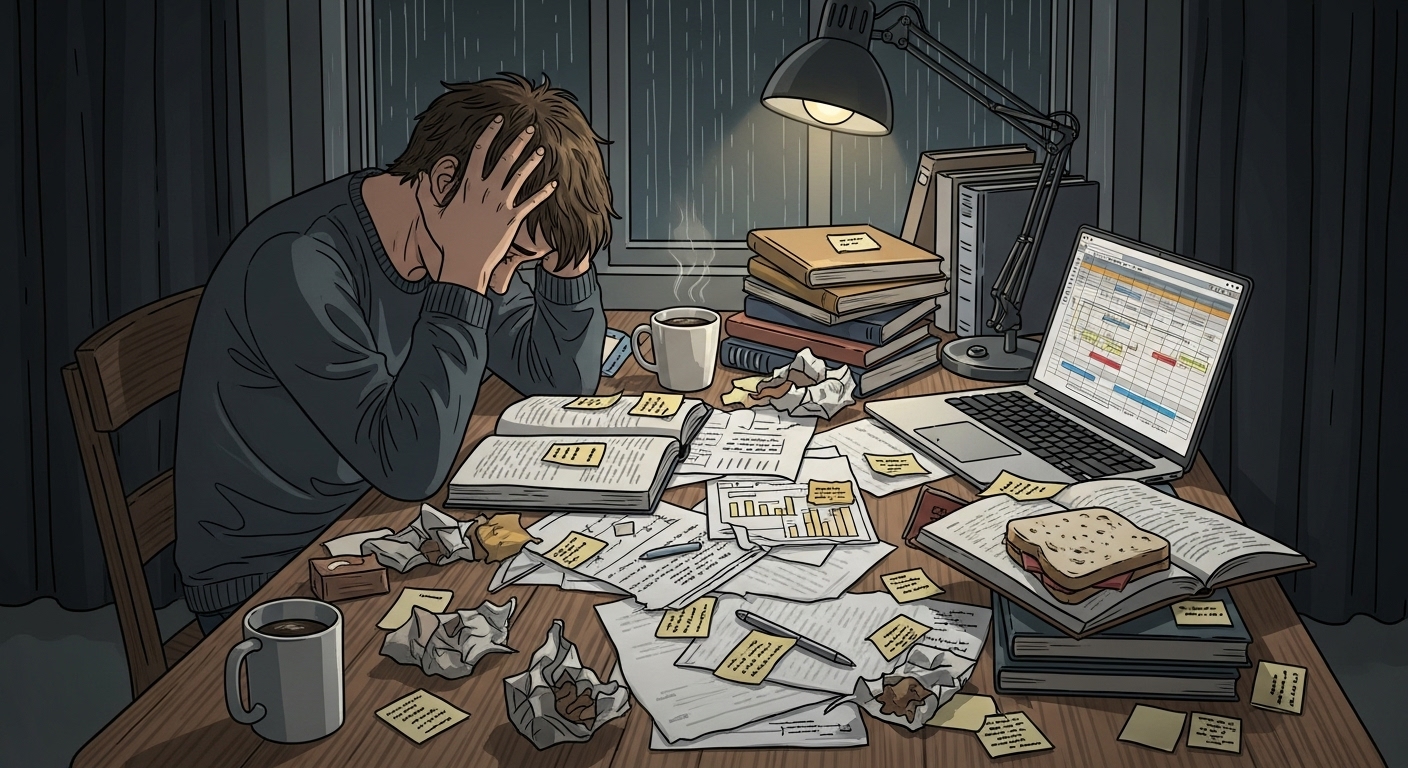책상에 앉아 피곤에 지쳐있는 사람과 쌓인 서류들, 만성 피로를 상징하는 모습.